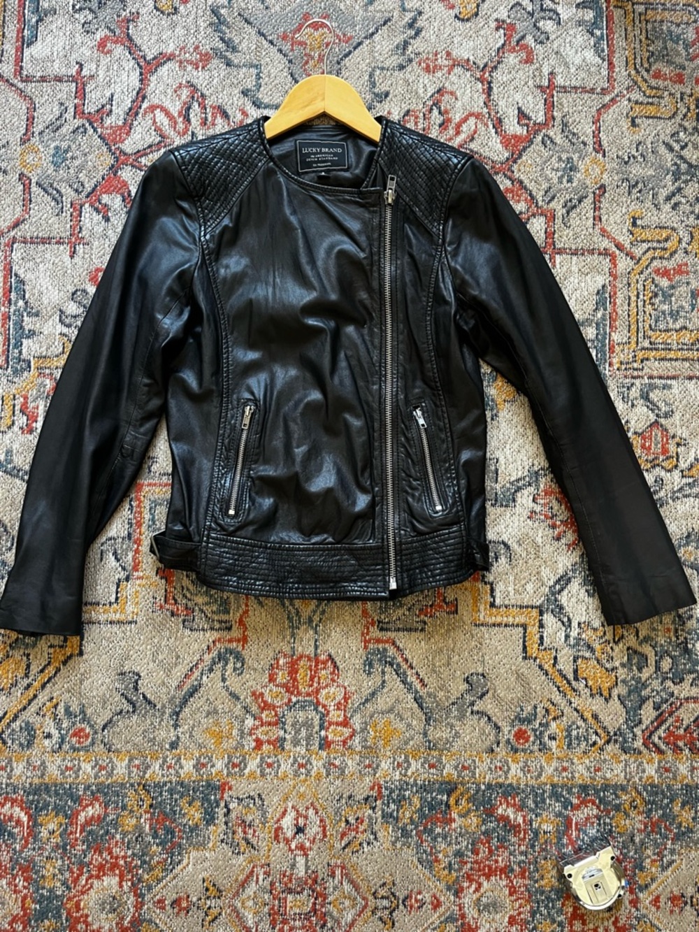Lucky Brand Black Quilted Leather Moto Jacket Size S